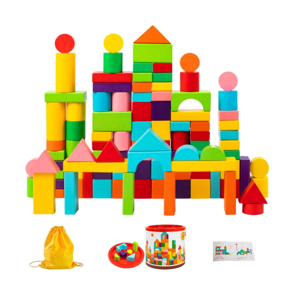 100-Pcs Wooden Building Blocks Set, Multi-Colore Educational Assembly