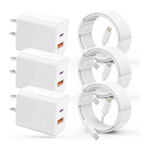 Paquete de 3 potentes cargadores de doble puerto de 20 W, cable de 6 pies