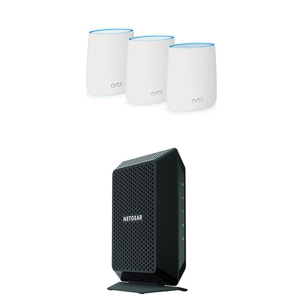 Paquete de 3 sistemas WiFi en malla para el hogar NETGEAR Orbi + módem por cable 32x8