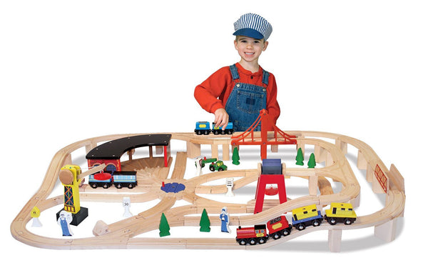 Melissa &amp; Doug Juego de tren ferroviario de madera de lujo (más de 130 piezas)