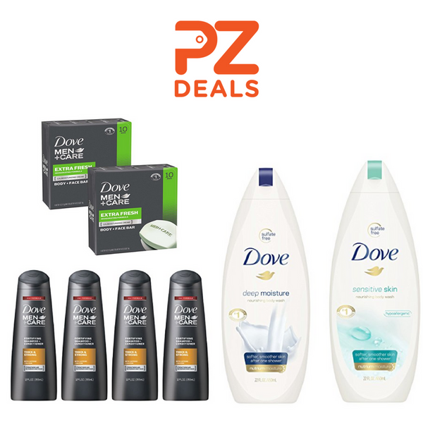 4 bottles Dove Body Wash, 20 bars of Dove soap and pack of 6 deodorant on sale