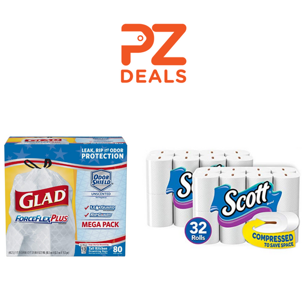 240 Glad trash bags + 32 rolls of Scott toilet paper