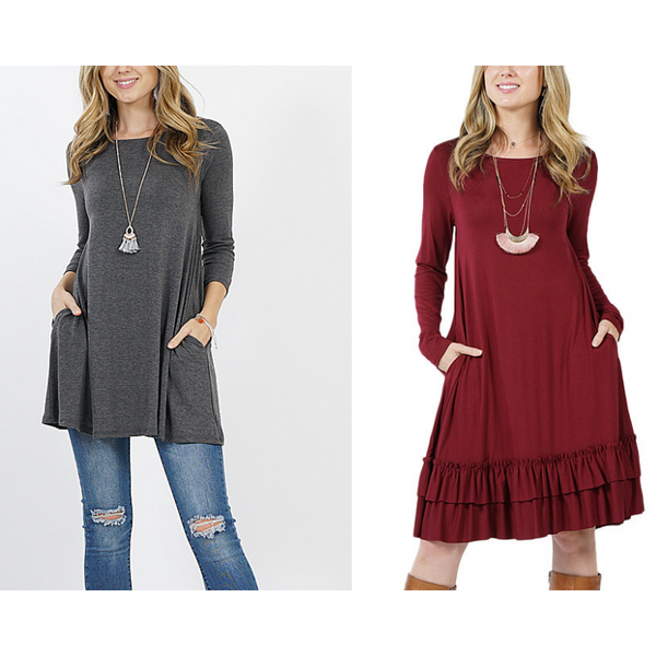 Túnicas de manga 3/4 con 2 bolsillos y vestidos con dobladillo con volantes en oferta (10 colores)