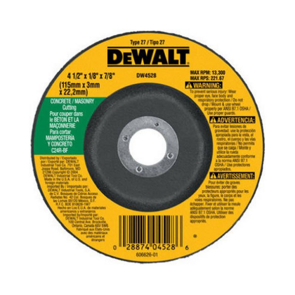 DEWALT DW4528 4-1/2" x 1/8" x 7/8" Concrete/Masonry Cutting Wheel