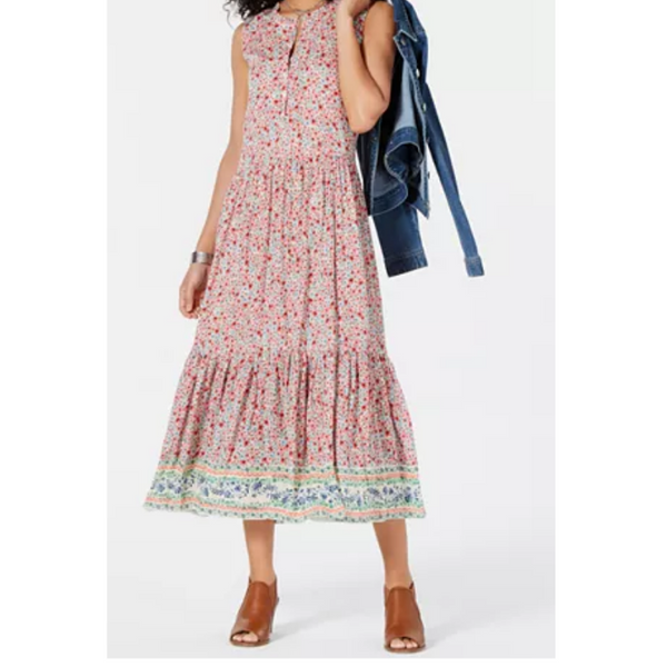 Vestido largo estampado sin mangas con gradas