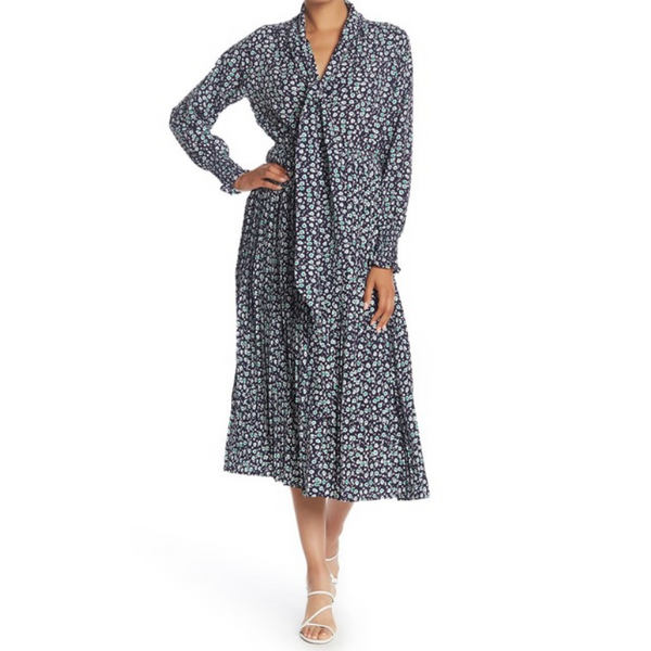 Tie Neck Pleated Midi Dress (2 Colors)
