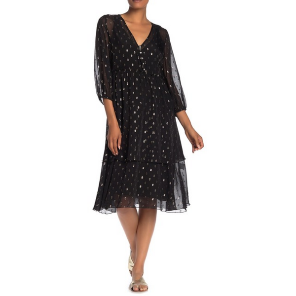 Vestido midi de mezcla de seda con lunares metalizados