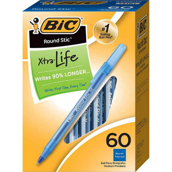 60 BIC Round Stic Xtra Life Blue Ballpoint Pens