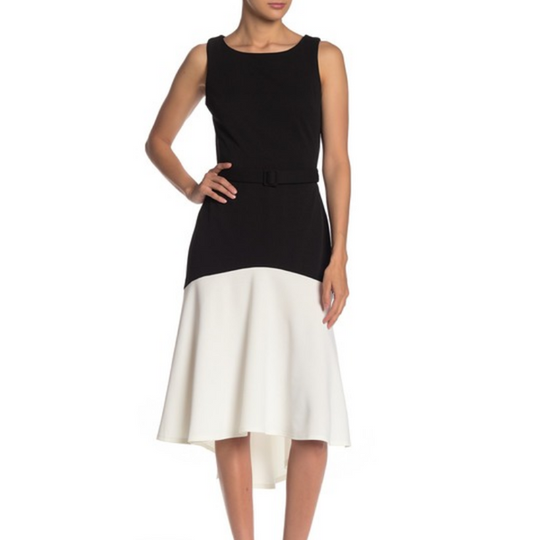 Vestido alto/bajo con vuelo y corte color block