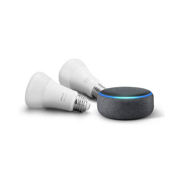 Echo Dot (3rd Gen) with 2-Pack Philips Hue White A19 Smart Bulbs