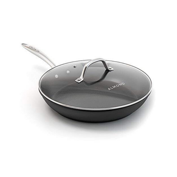 Sartén de aluminio de 12 pulgadas con tapa de vidrio y mango de acero inoxidable