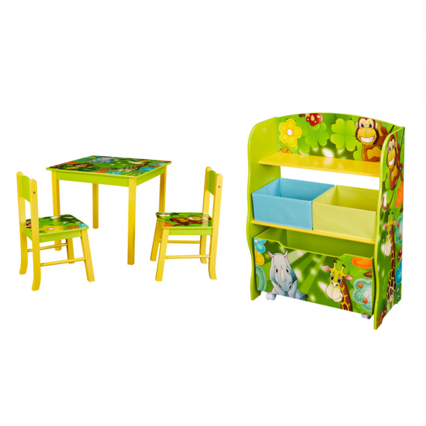 Children's Jungle 2-Shelf Organizer with Storage Box And Table With 3 Chairs On Sale