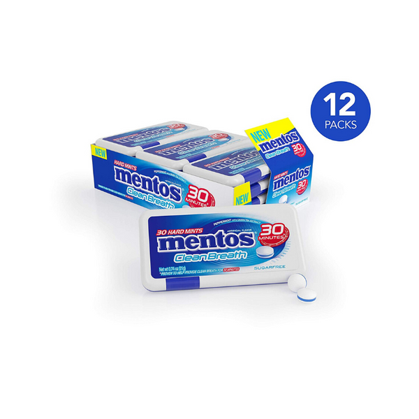 Pack of 12 Mentos Clean Breath Hard Mints Sugar Free Candy, Peppermint