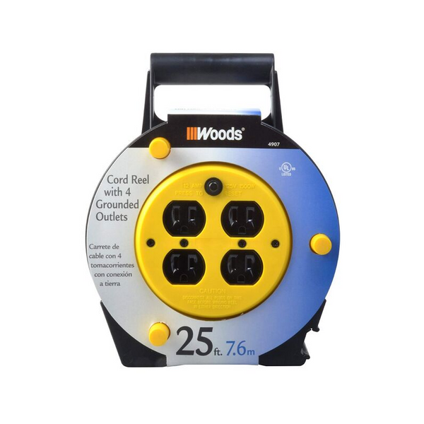 Woods 25′ Extension Cord Reel With 4-Outlets And 12A Circuit Breaker