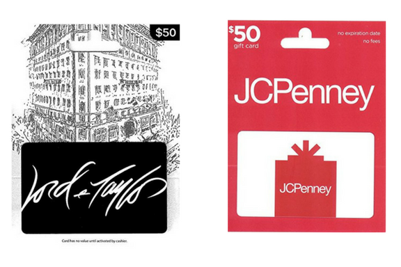 $50 Lord & Taylor or JCPenny gift cards for $40
