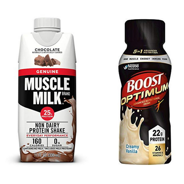 16 botellas de bebida nutricional óptima Boost y 12 botellas de batido de proteína genuino de leche muscular