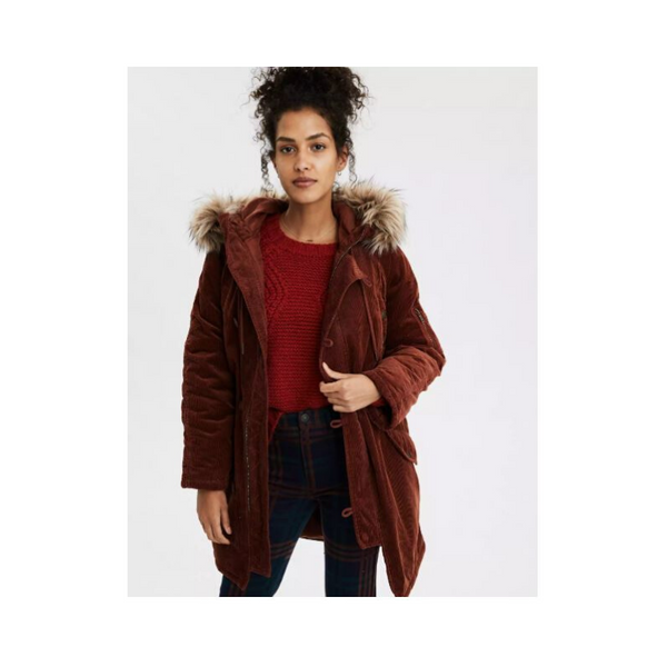 Women's American Eagle Corduroy Parka Faux, Sherpa Plaid Coat