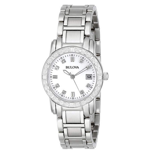 Reloj Bulova de acero inoxidable con detalles de diamantes para mujer