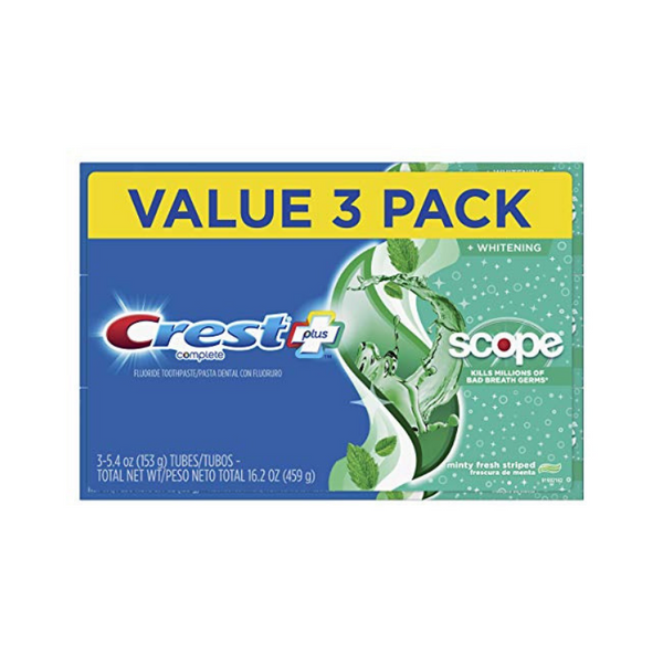 Paquete de 3 5.4 oz. Pasta de dientes Crest Complete Whitening Plus Scope (Minty Fresh)