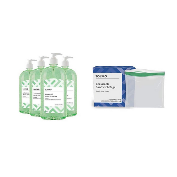 4 Bottles Solimo Hand Sanitizer With 300 Sandwich Storage Bags