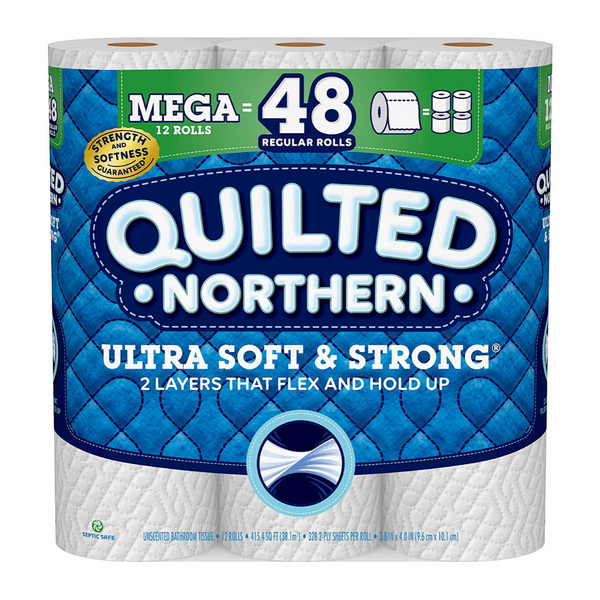 12 mega rollos de papel higiénico acolchado Northern ultra suave y resistente