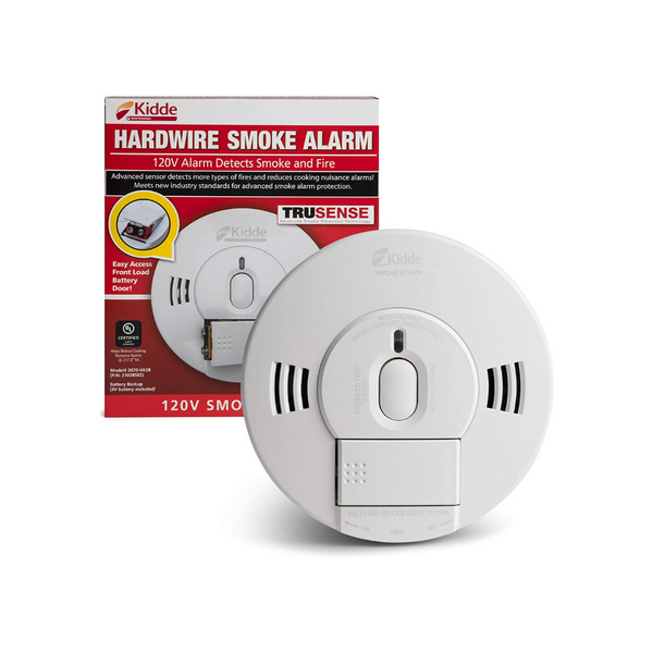 Detector de alarma de humo con cable Kidde con tecnología TruSense y notificación por voz
