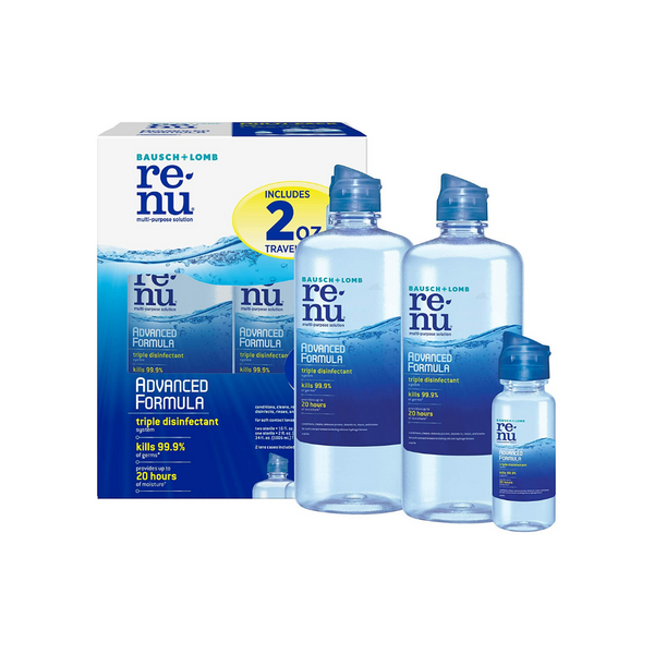 2 botellas de tamaño completo y una botella de viaje de solución para lentes de contacto triple desinfectante Bausch + Lomb ReNu Advanced