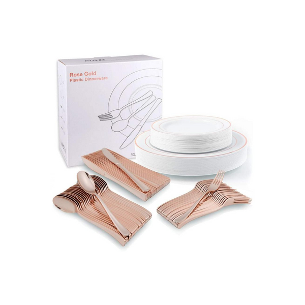125 Pcs Rose Gold Plastic Disposable Dinnerware Set