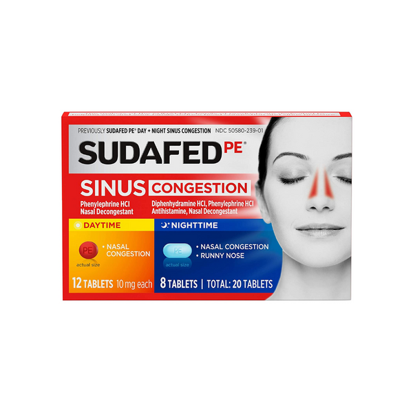20 Sudafed PE Sinus Congestion Day + Night Maximum Strength Decongestant Tablets