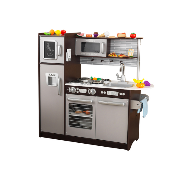 KidKraft Uptown Espresso Kitchen con juego de accesorios para comida de juguete de 30 piezas
