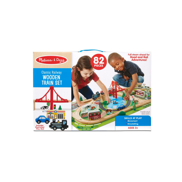 Melissa &amp; Doug Classic Railway Juego de trenes de madera, 82 piezas