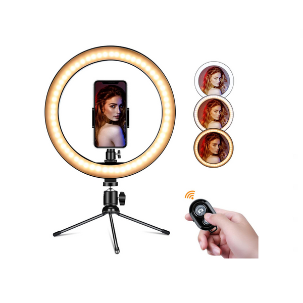 Anillo de luz para selfies de 10" con soporte para teléfono y control remoto