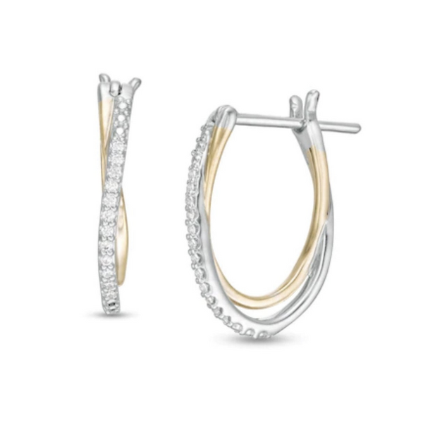 Beautiful TwoTone Crossover Diamond Earring In White/Yellow Gold