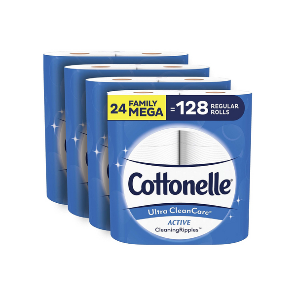 24 mega rollos (128 regulares) de papel higiénico suave Cottonelle Ultra CleanCare
