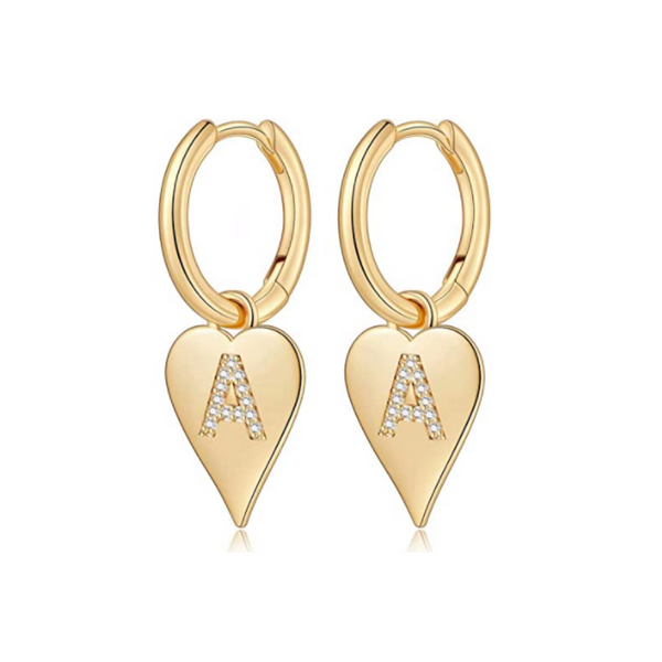 Aretes con inicial de corazón chapados en oro de 14 quilates (todos los ABC)