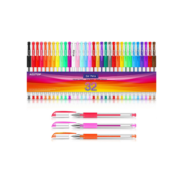 32 bolígrafos de gel de colores.