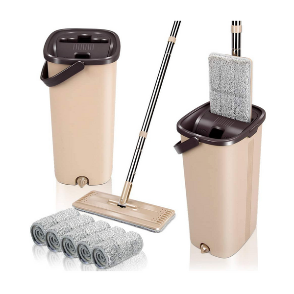 Squeeze Flat Floor Mop and Bucket Set with 5 Microfiber Mop Pads