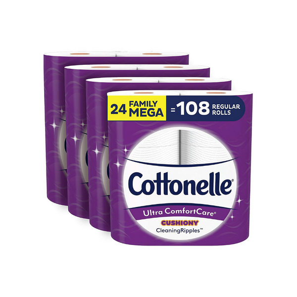 24 mega rollos (128 regulares) de papel higiénico suave Cottonelle Ultra ComfortCare