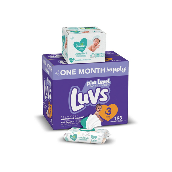 Box Of Luvs Diapers And A Box Of Pampers Sensitive Wipes (All Sizes)