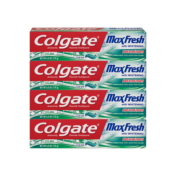 4 pasta de dientes blanqueadora Colgate Max Fresh con tiras para el aliento