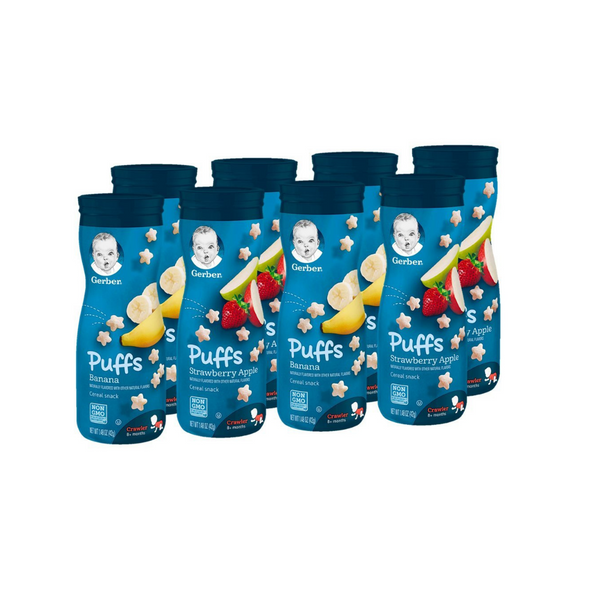 8 snacks de cereales Gerber Puffs, plátano y fresa y manzana