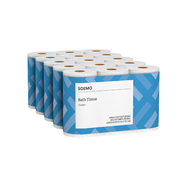 30 rollos de papel higiénico de 2 capas Solimo de la marca Amazon