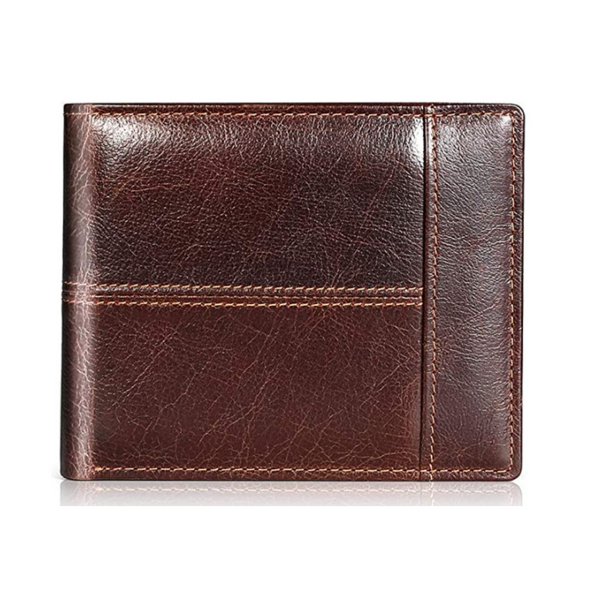 Cartera plegable de cuero genuino RFID para hombre
