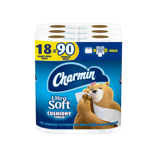 18 mega rollos familiares (90 regulares) de papel higiénico Charmin ultra suave y acolchado al tacto