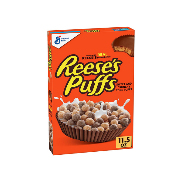 Caja de cereal de mantequilla de maní y chocolate Reese's Puffs