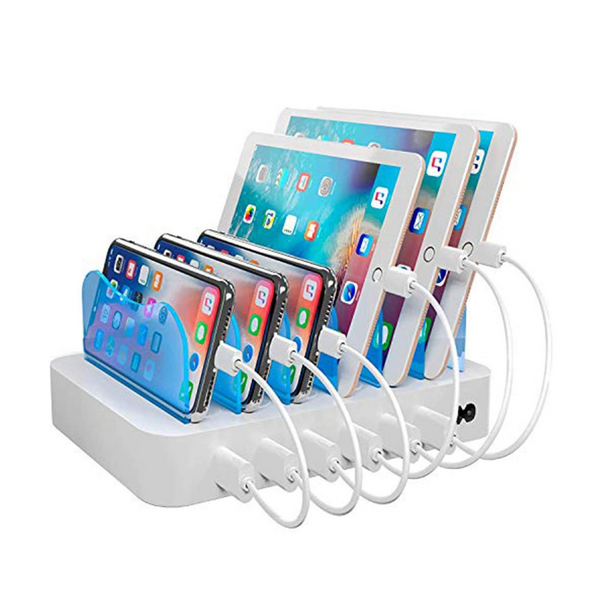 Hercules Tuff Charging Station with 6 USB Fast Ports and 6 Short USB Cables, White