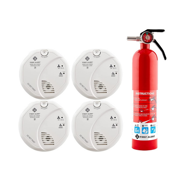 4 First Alert Smoke and Carbon Monoxide Detectors And Fire Extinguisher