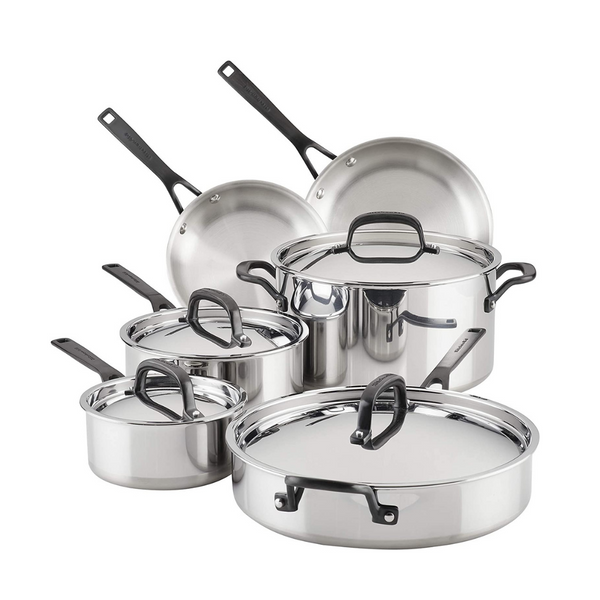 KitchenAid 5-Ply Clad Polished Stainless Steel Cookware Pots And Pans 10 Piece Set