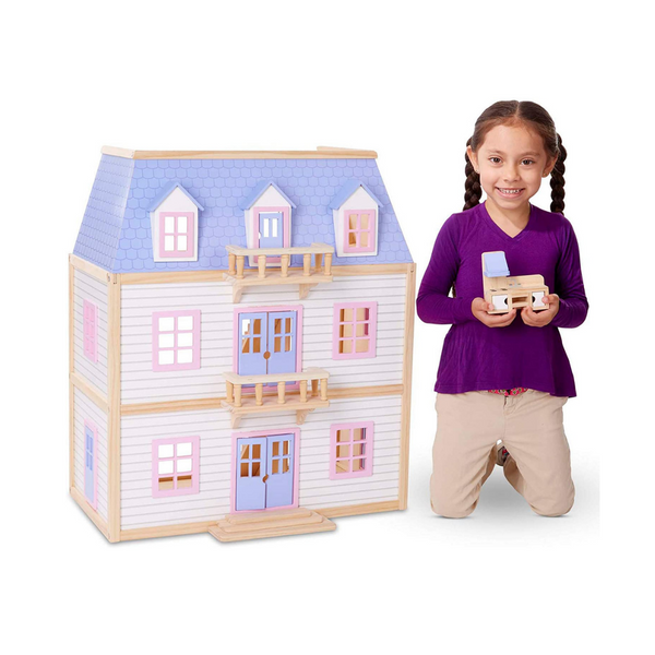 Melissa &amp; Doug Casa de muñecas moderna de madera de varios niveles con 19 muebles