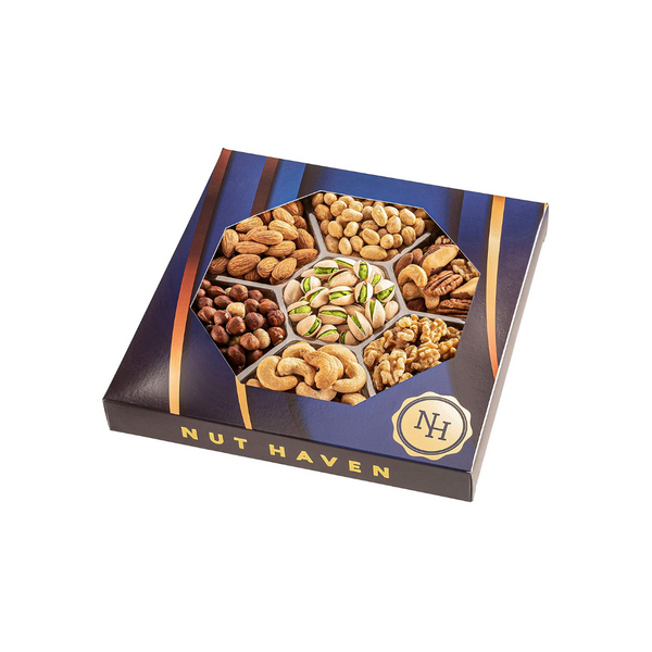 Cesta de regalo de nueces gourmet saladas tostadas, frescas y secas